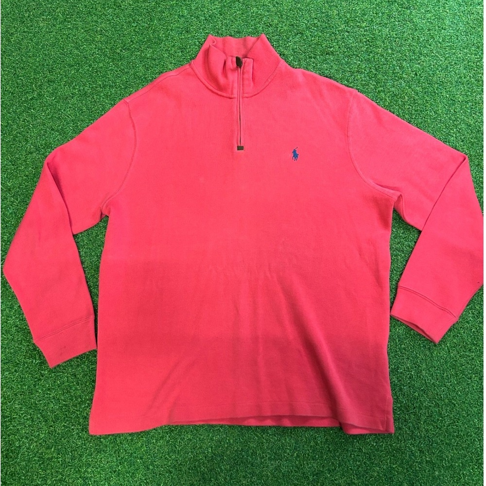 Polo Ralph Lauren Mens Pink Quarter Zip Ribbed Cotton Pullover Sweater Large